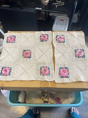 Vintage 2 Pc. Cream Rectangle And Square Crocheted Pink Rose Doilies GUC • $8