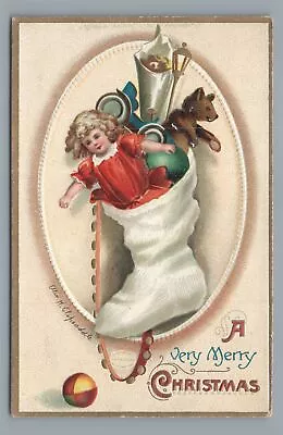 A Very Merry CHRISTMAS Ellen Clapsaddle STocking Toys Doll Vintage Postcard • $4.99