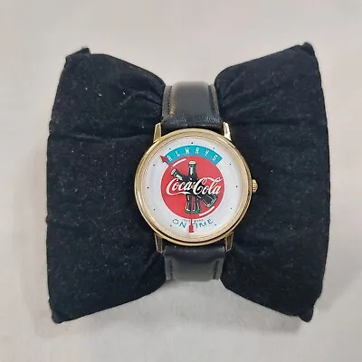 Coca Cola Watch Quartz Gold Tone Case Black Leather Strap Rotating Cola Bottle • £24.95