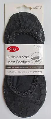 Ladies Girls Silky No Show Cushion Sole Lace Footlets Footsies In Black Size 4-8 • £4.49