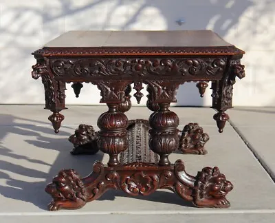 19th Century French Carved Lion Library Table Desk Renaissance Gothic Large Oak • $5397
