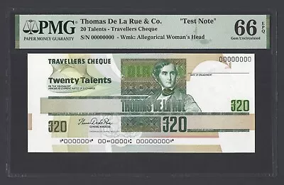 De La Rue 20 Talents-Travellers Cheque  Test Note  Uncirculated Grade 66 • $69.99