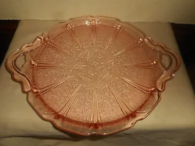 Vintage Jeanette Cherry Blossom Pink Depression Glass Handled Cake Serving Plate • $33