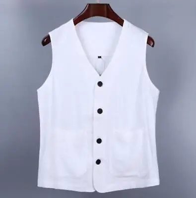 Men Cotton Linen Casual Sleeveless Waistcoat Jacket Shirt Vest Pockets Top Gilet • $28.15