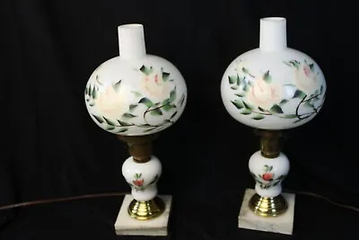 Vintage Pair GWTW Milk Glass Boudoir Lamps Hand Painted Pretty! • $59.97