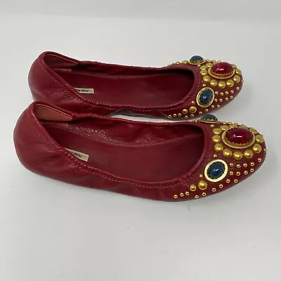 Miu Miu Flats Size 38.5 Red Leather Studded Jeweled Slip On Italy • $250