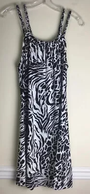 J Valdi SMALL 4/6 Swim Cover Up Dress Pockets Braided Straps Black White Animal • $20