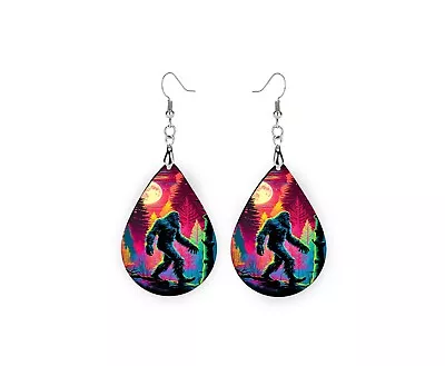 Neon Bigfoot Dangle Wood Tear Drop Printed Earrings Jewelry Handmade • $14.98