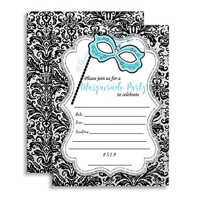 Masquerade Black Silver And Teal Party Fill In Party Invitations Set Of 20 In... • $27.73