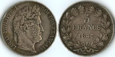 France 1847 A 5 Francs KM#749 90% Silver Republic Louis Philippe I Laurel Wreath • $34.99