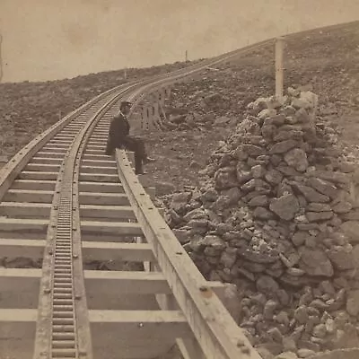 Man At Lizzie Bourne Monument Cog Railway Mt Washington NH Stereoview C1870 • $20