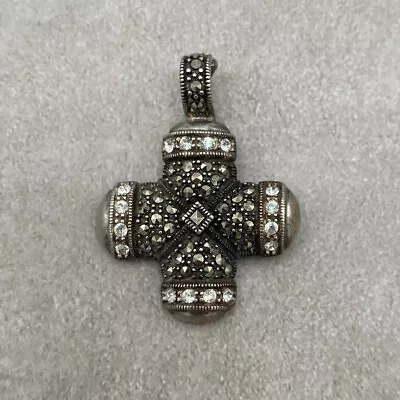 Silver Iron Cross Pendant Sterling Marcasite Rhinestones Necklace Enhancer Gifts • $20