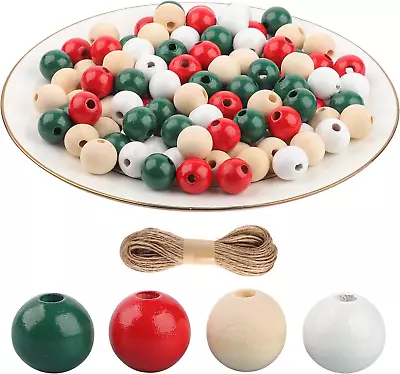 200 Pieces Christmas Wooden Beads Red White Natural Green Wood Spacer Beads Asso • $19.49