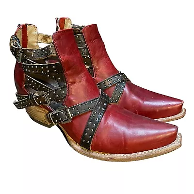 Freebird Wasp Booties Size 9 Red Leather Pointed Toe Straps Buckle Studded • $144.88