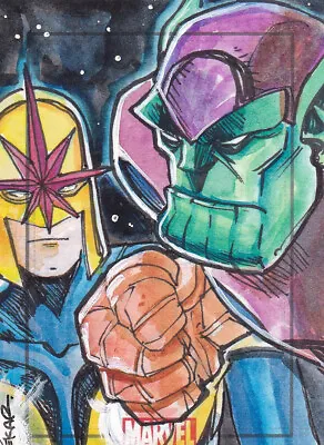 Marvel Heroes & Villsins Sketch Card By Pekar Of Nova & Super Skrull • $99