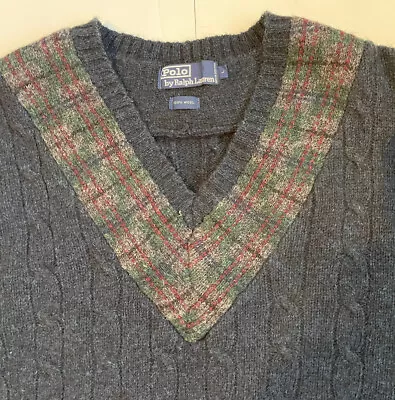 Vtg Ralph Lauren POLO Cable Knit Sweater Wool V Neck Tennis Cricket Navy Plaid • $60