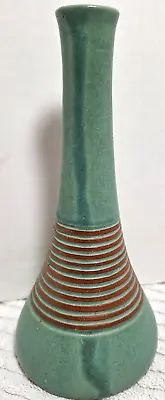 Vtg Mid Century Pottery Vase Hand Made Signed Blue Brown Concentric Circles 40R • $36.88