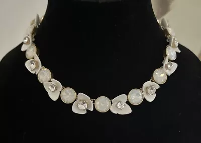 J Crew Floral White Enamel Opalescent Brûlée Brulee Clear Crystal Gold Necklace • $50.14