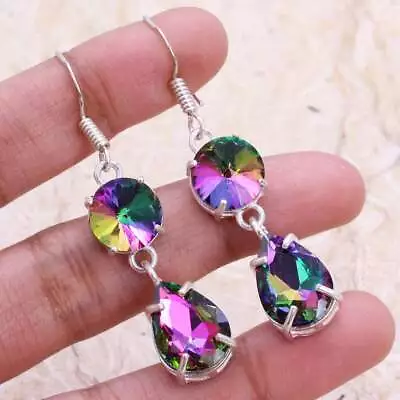 Mystic Topaz Art Piece 925 Silver Plated Handmade Earrings Of 1.9  • $2.99