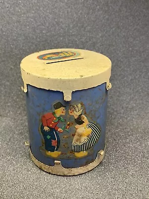 Vintage Toy Drum Coin Bank Pressed Steel Poll Parrot Shoes Advertising Tin Can • $4.99