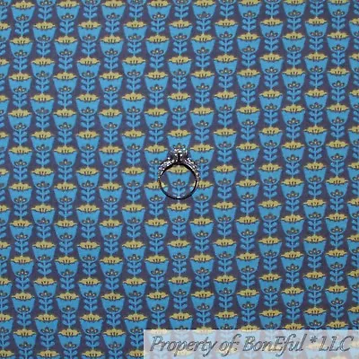 BonEful FABRIC Cotton Quilt Gray Blue Yellow Tulip Flower Stripe Easter MI SCRAP • $0.99