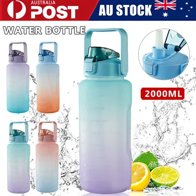 $10.90 • Buy 2L Water Sports Bottle Straw Cup Motivational Drink Flask With Time Markings Gym