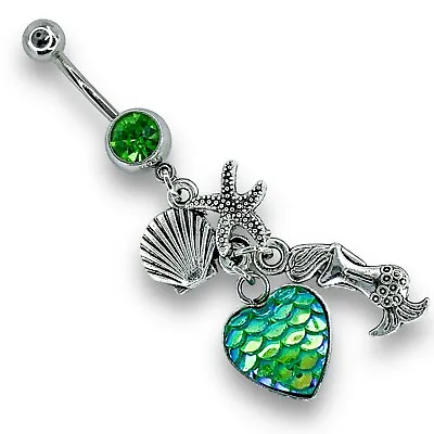 14g Green Cz Dangle Mermaid Starfish Shell Heart Fish Scale Belly Ring B496 • $9.99