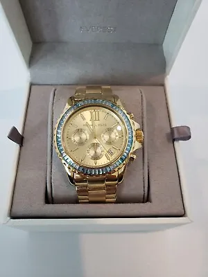 Michael Kors Womens Everest Chrono Glitz Aqua Crystals Gold Watch NIB MK7210 • $136.49