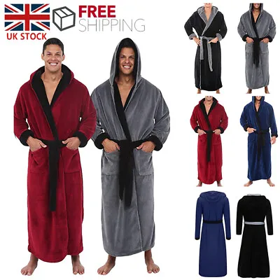 Men's Winter Warm Hooded Long Dressing Gown Coat Bathrobe Towelling Bath Robe • £22.89