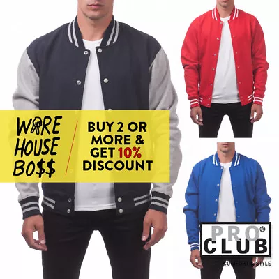 Proclub Pro Club Mens Plain Varsity Jacket Snap Front Heavyweight Baseball Coat • $51.99