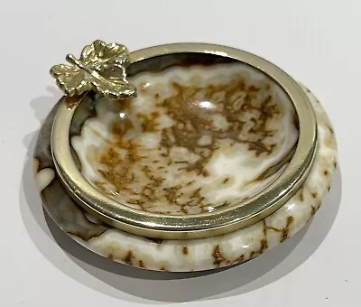 Vintage Marbled Stone Ashtray G.S.E. Ottone Garantito Brass Leaf Trim • $24