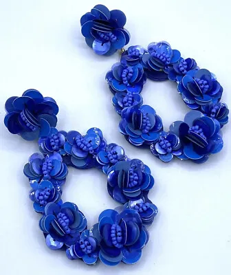 RARE Earrings J. CREW Blue Statement Pierced Leather Backs Sequins Flower Hoops • $59