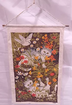 Vtg Kay Dee Bob Goryl Linen Tea Towel Art Wall Hanging CATS BIRD FLORAL MCM 70'S • $45.90