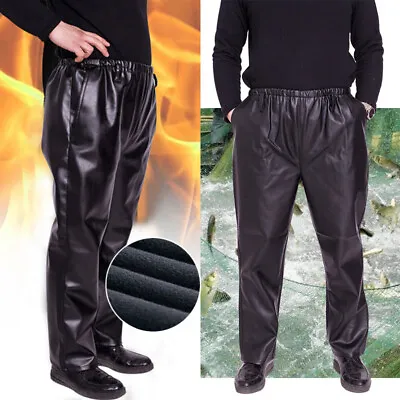 Mens Fleece Lined Winter  Pants Pu Leather Motorcycle Waterproof Trousers • $21.23