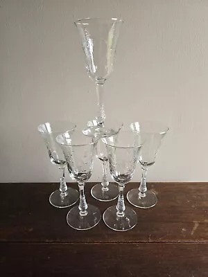 Set Of 6 VTG Libbey Rock Sharpe Etched Crystal Teardrop Stem Ware Wine Glasses • $32.89