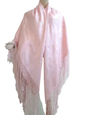 VTG Cerca 1970 Chinese Silk Brocade Shawl Scarf Pink Flowers With Fringe 55 X53  • $45