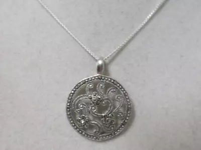 Vintage Open Work Sterling Silver Marcasite Pendant Necklace • $29.99