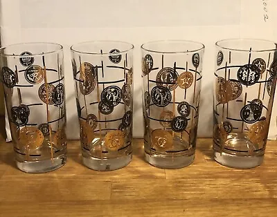 Vintage MCM Libbey Black And Gold Coin Highball Barware Glasses 4 • $24