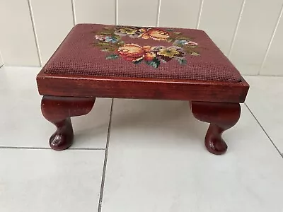 Small Mahogany Footstool Floral Tapestry  Removable Top Design Queen Anne Legs • £9.99