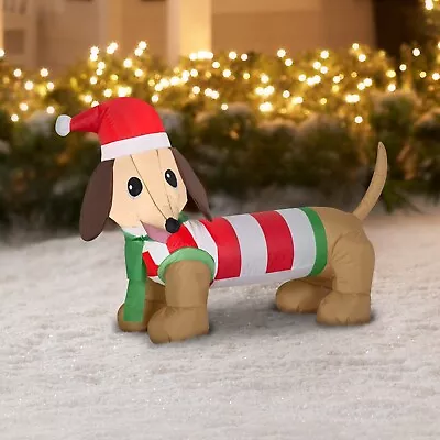Weiner Dog Christmas Gemmy Airblown Inflatable 4ft Long Dachshund With Santa Hat • $35.99