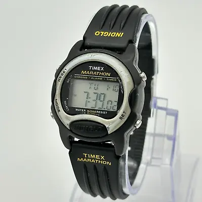 Vintage 1999 Women’s TIMEX Marathon Digital Black Resin Watch Indiglo Chrono • $19.99