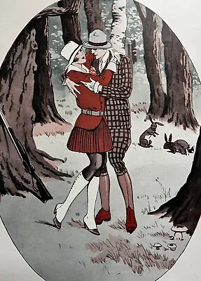 Vintage 1930s Art Deco Print Couple In The Woods Rifle Gun Shotgun Gallery Wall • $16.99