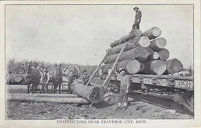 NW C.1908 Logging Co. CREW Loading PMRR Pere Marquette Railroad Flatcar To MILL! • $11