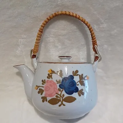 Ceramic Floral Design Teapot With Wicker Handle Japanese Style VGC • £5.99