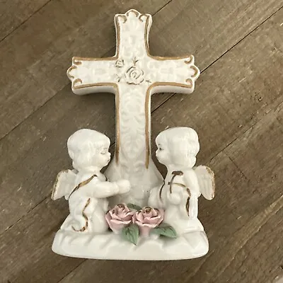 Vintage K'S COLLECTION 5.5” White Porcelain Cross Two Angel Figurines Roses • $5