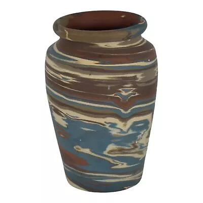 Niloak Mission Swirl 1910-24 Vintage Hand Made Art Pottery Blue Brown 6  Vase • $157.94