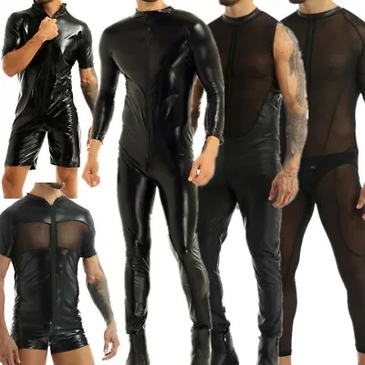 Men PVC Leather Full Bodysuit Zentai Zipper Front Catsuit Stage Clubwear Costume • £25.19