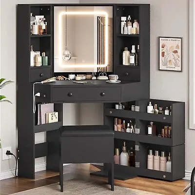 Makeup Vanity Corner Desk With Storage Stool LED Lighted Mirror Dressing Table • $235.99