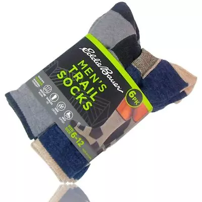 (6-Pack) Eddie Bauer Men's Trail Crew Socks W/ Arch Support Gray/Blue Size: 6-12 • $23.95