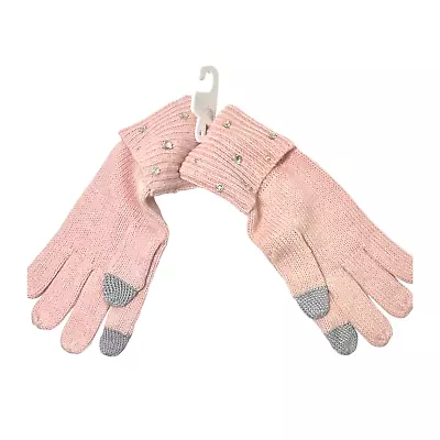 Michael Kors Womens Pink Rhinestone Ribbed Knit Cuff Touch Tip Gloves NWT • $54.39